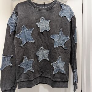Women's Star Patch Crewneck Sweater - Charcoal with Denim Stars